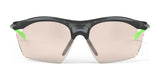 The Rudy Project Rydon Slim Sunglasses feature a sporty design with sleek black frames, green accents, and light-tinted lenses that offer UV protection.
