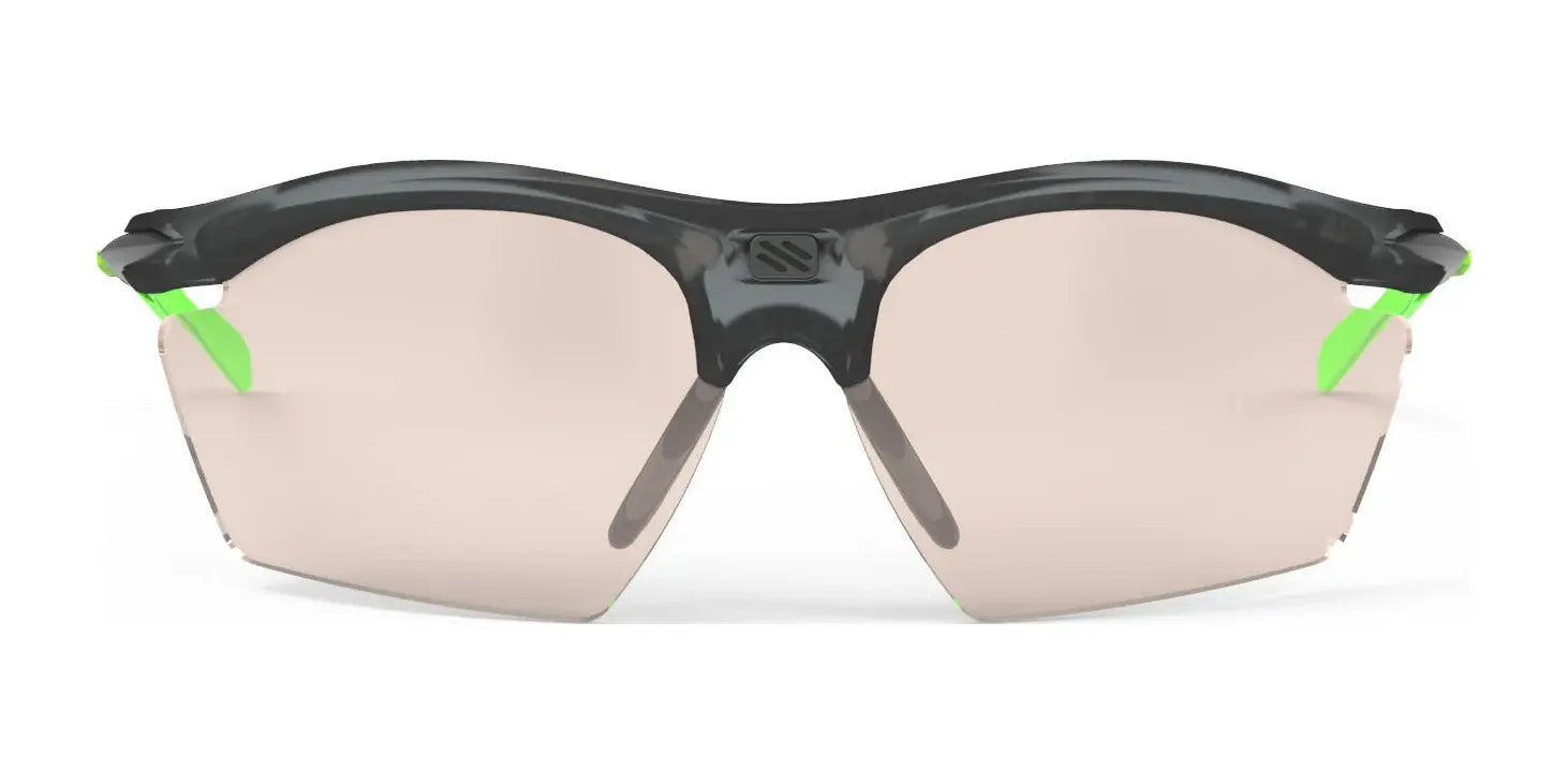 The Rudy Project Rydon Slim Sunglasses feature a sporty design with sleek black frames, green accents, and light-tinted lenses that offer UV protection.
