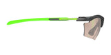 Side view of Rudy Project Rydon Slim Sunglasses showcasing neon green arms and a dark frame, featuring UV protection for optimal eye safety.