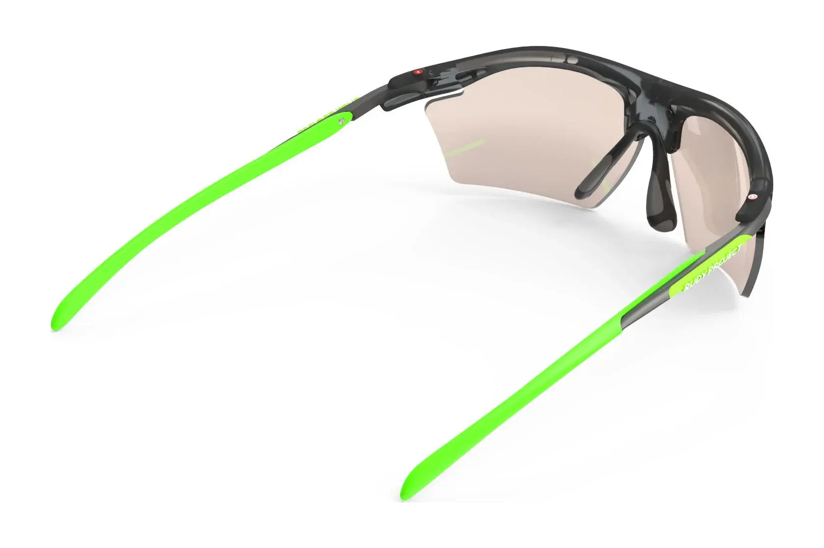 The Rudy Project Rydon Slim sports sunglasses are green and black with photochromic lenses that provide UV protection, shown from the back.