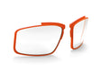 Two orange-rimmed Rudy Project Vulcan Rx Clips Red Fluo Shape A lenses on a white background, presented from different angles. These high-quality lenses are reminiscent of the precision found in Rudy Project designs.