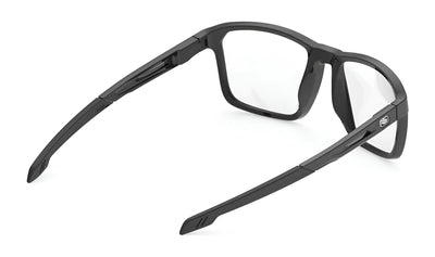 Rudy Project Pulse 54 Eyeglasses in black feature a rectangular sport performance design, clear lenses, open temples with adjustable tips for comfort, and prescription-ready versatility. Size 54.