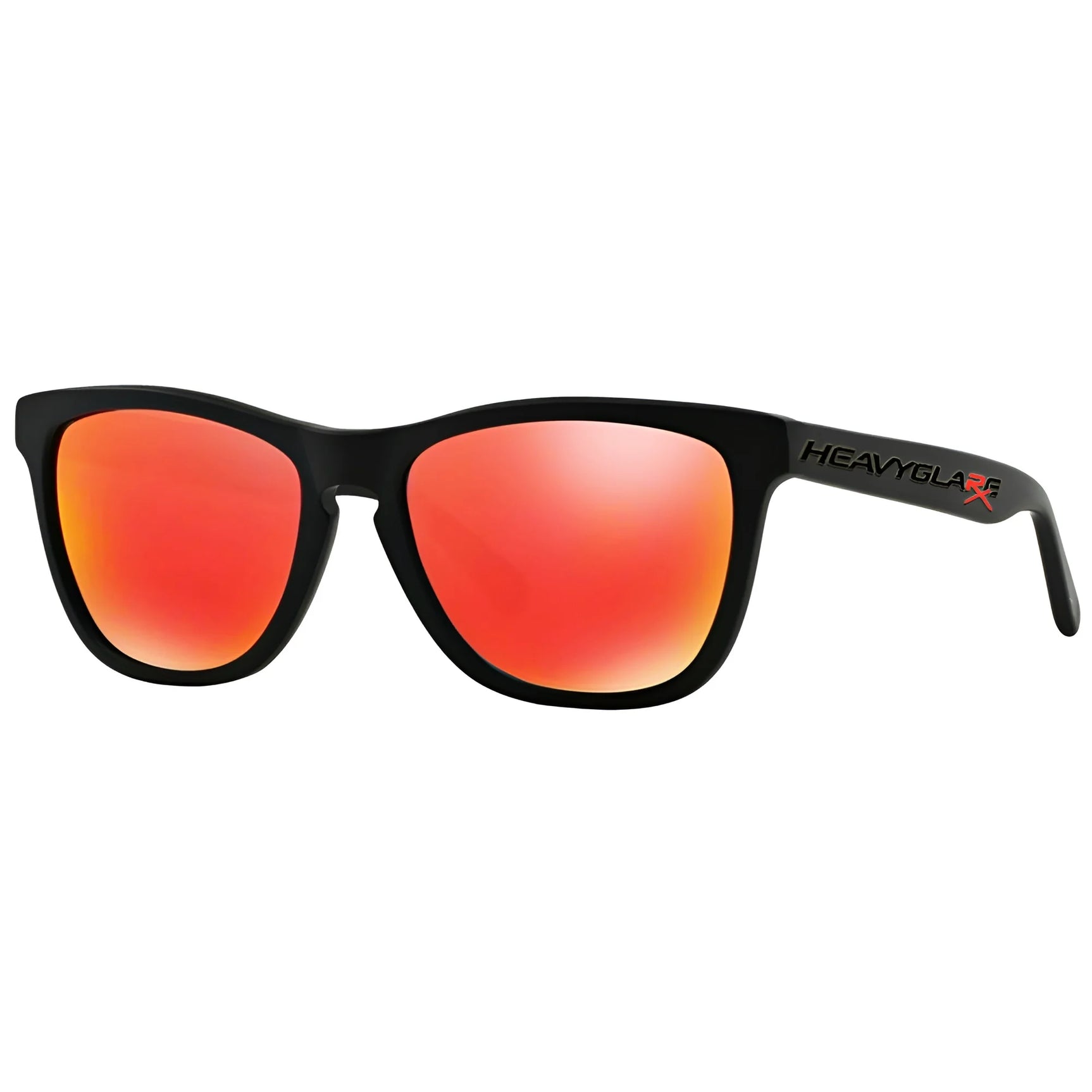 Sleek black sunglasses from Heavyglare Eyewear feature red mirrored custom lenses with UV protection and "HEAVYGLARE" on the left arm.