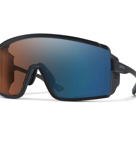 Smith Optics Pursuit Sunglasses showcase a sleek, futuristic design with a matte black frame and reflective blue lenses equipped with Glacier Photochromic technology, as seen from a side angle.