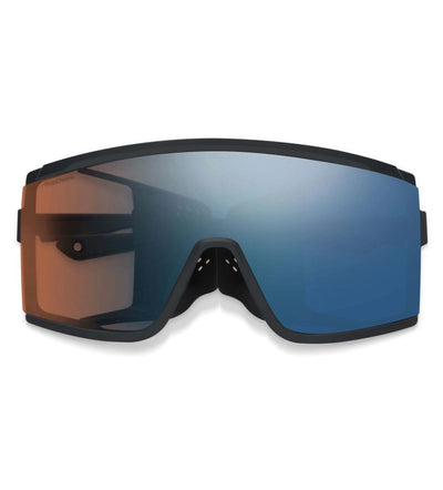 Introducing the Smith Optics Pursuit Sunglasses by Smith Optics, featuring blue-tinted lenses and a wide frame with black detailing, enhanced with Glacier Photochromic technology for adaptable vision in varying light conditions.