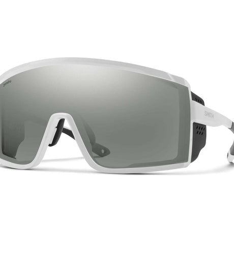 Smith Optics Pursuit sunglasses featuring a white frame and large gray Photochromic lenses, displayed against a simple background.