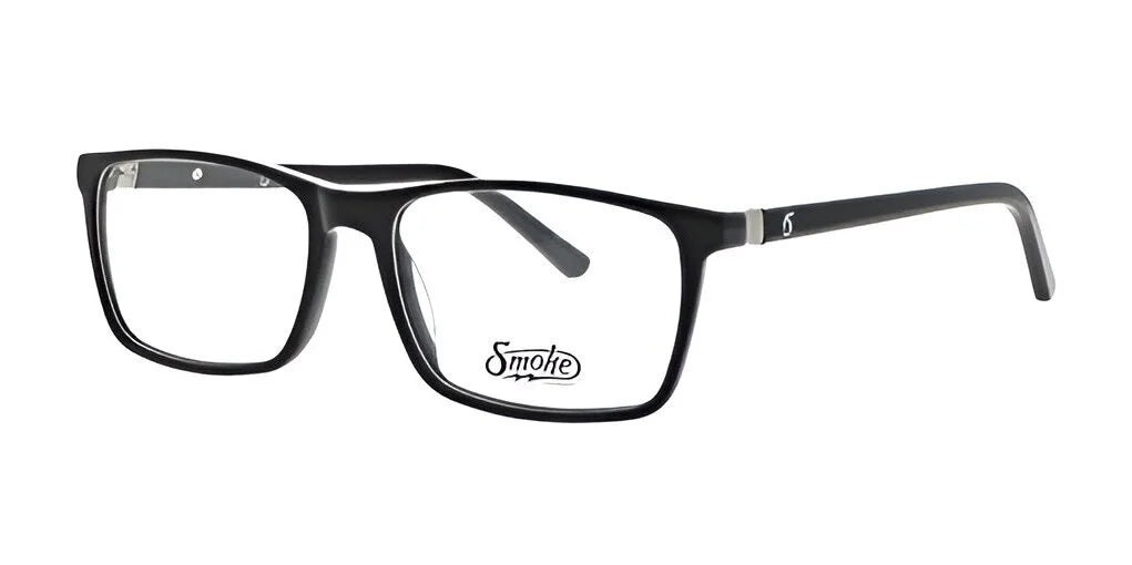 Modern black rectangular eyeglasses, featuring the Smoke logo on the lens, perfect for visual enhancement.