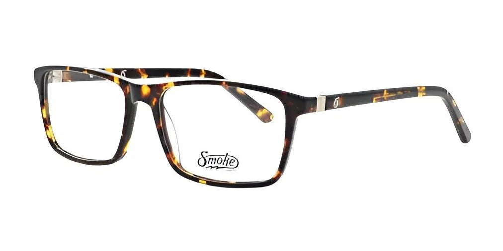 The Smoke MOJO Eyeglasses by Smoke feature tortoiseshell square frames with a translucent lens and proudly display the "Smoke mojo" logo on the lens, providing a modern design for enhanced visual appeal.