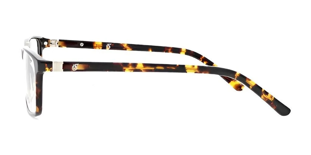 The Smoke MOJO Eyeglasses in size 55 are depicted from the side, highlighting a tortoiseshell frame with black temple tips, set against a white background to emphasize their modern design.