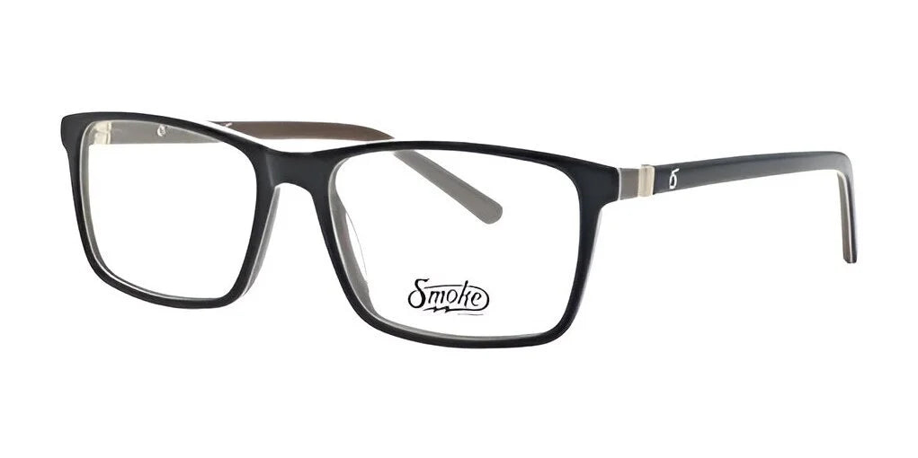 The Smoke MOJO Eyeglasses in Size 55 feature sleek black rectangular frames with clear lenses on a white backdrop, showcasing a contemporary design ideal for enhancing vision.