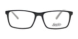 Rectangular eyeglass frames with a black finish and clear lenses, featuring the "Smoke MOJO Eyeglasses" logo on the right lens, providing a modern design for visual enhancement.