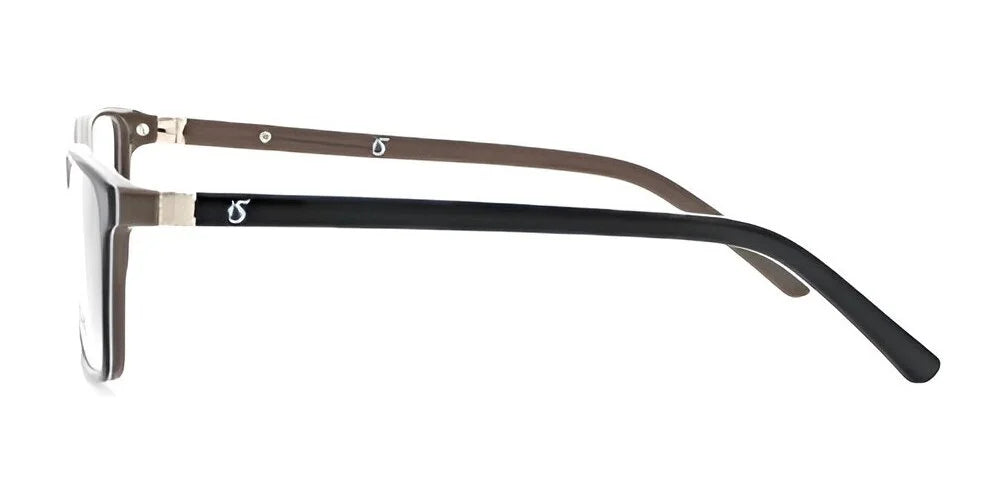 Side view of the Smoke MOJO Eyeglasses, Size 55, by Smoke, showcasing a contemporary design with black and brown rectangular metal frames and a unique hinge for a blend of style and improved vision clarity.