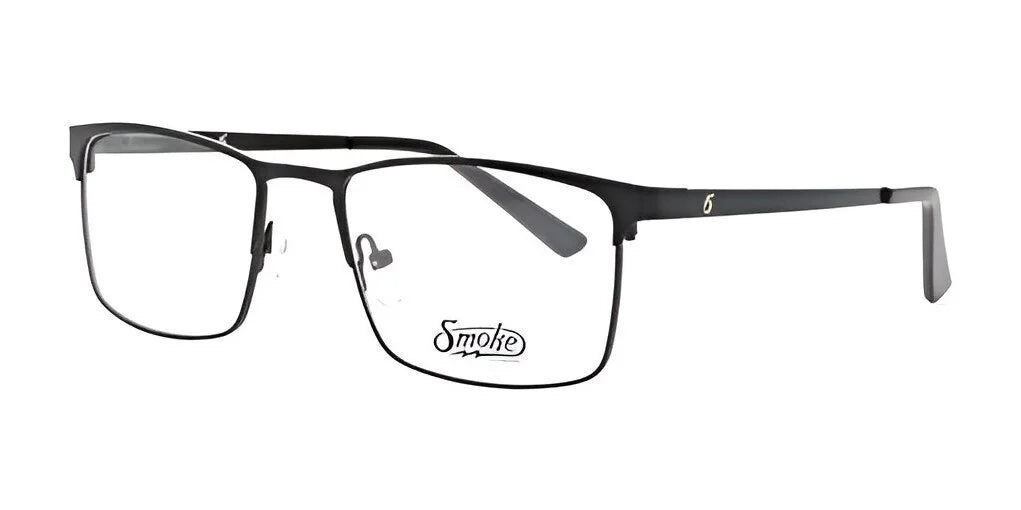 Rectangular Smoke PART eyeglasses featuring black frames and clear lenses, crafted for reducing glare and providing UV protection, displayed on a white background.