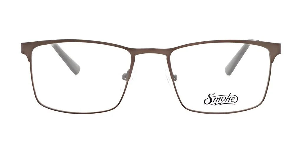 Front view of the Smoke PART Eyeglasses in brown, featuring a rectangular frame and advanced glare reduction technology with transparent lenses. Size 53.