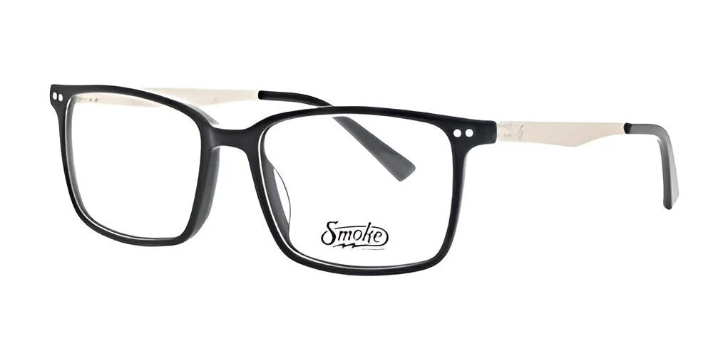 Black rectangular eyeglasses with silver temples set against a white backdrop, showcasing the "Smoke" logo on the lens. The Smoke ROCKET Eyeglasses | Size 53 offer a modern touch to your eyewear collection with their sleek design, representing the distinctive style of Smoke.