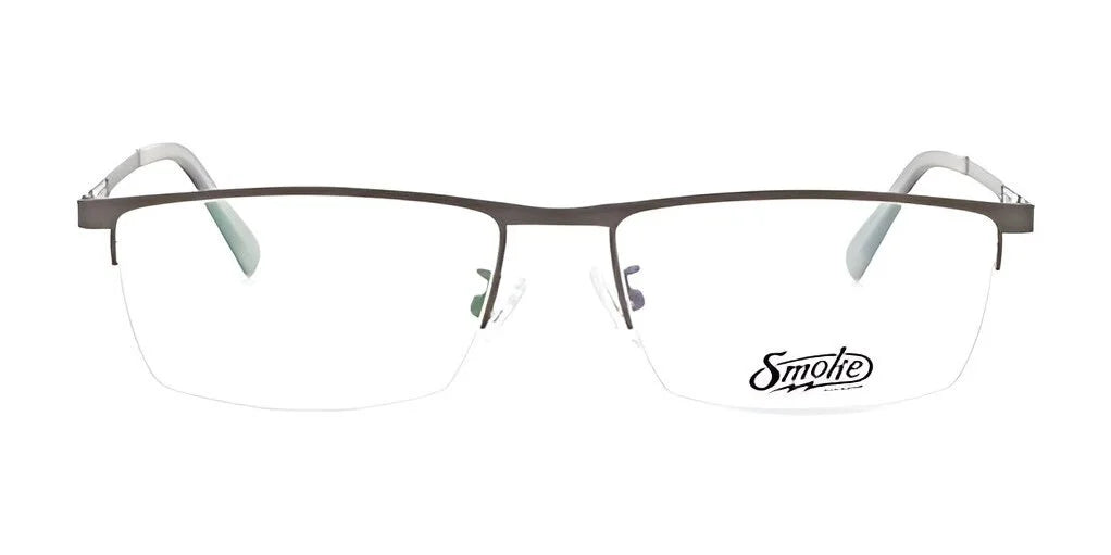 A pair of Smoke ROUGHED UP men's eyeglasses with sleek half-rim metal frames and clear lenses, elegantly showcased on a pristine white background.