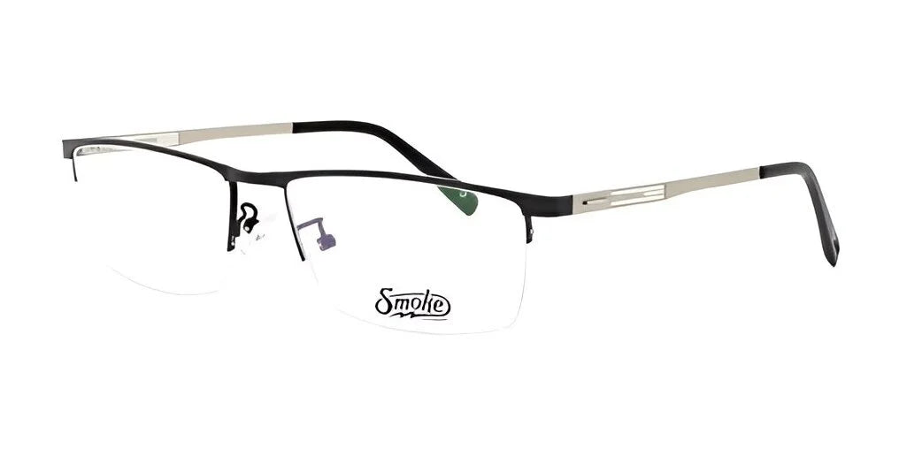 Men's half-rim glasses with a sleek black and silver rectangular design from Smoke, featuring a thin frame and transparent lenses for a stylish look. Model: ROUGHED UP Eyeglasses | Size 56.