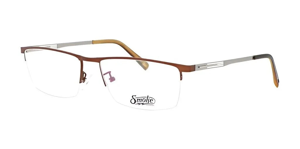 Elegant rimless, rectangular eyeglasses with brown bridge and temples, displaying the "Smoke ROUGHED UP Eyeglasses | Size 56" logo on the lens, ideal for those aiming for a sleek appearance.