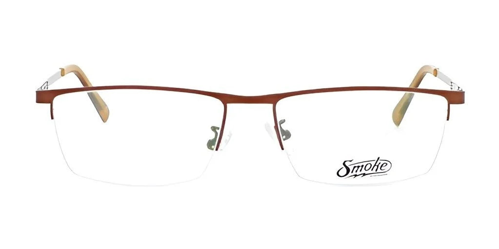 The Smoke ROUGHED UP Eyeglasses in size 56 showcase a stylish flair with their brown metal frames and clear lenses. These men’s half-rim glasses, set against a white background, effortlessly merge modern design with timeless elegance.