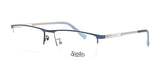 Introducing the Smoke ROUGHED UP Eyeglasses in Size 56, offering a contemporary style with rectangular frames, a dark blue top bar, and sleek metal temples. Perfect for those seeking a modern look.