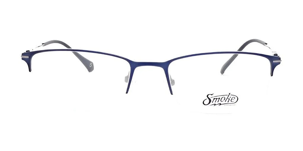 These Smoke TRIPLE CROWN Eyeglasses in size 52 feature a thin metal frame with a blue rim and the Smokie logo on the lens, ideal for the fashion-forward individual. The elegant design artfully combines style with understated sophistication.