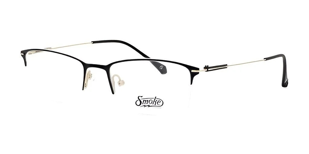 Introducing the Smoke TRIPLE CROWN Eyeglasses in Size 52, these black rectangular rimless frames come with a stylish smoke-colored tint. With slender arms and an elegant nose bridge, they are ideal for anyone looking to make a fashion-forward statement.