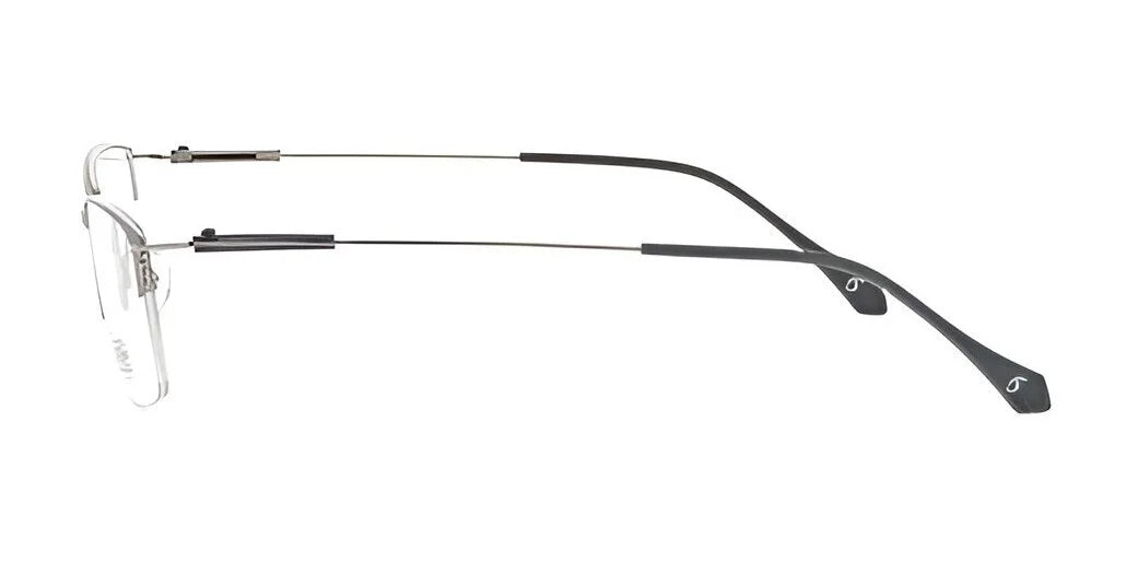 Here is a revised version of the sentence using the given product data:

Side view of Smoke TRIPLE CROWN Eyeglasses, Size 52, features rimless lenses with a smoke-colored tint, complemented by thin wire temples and black earpieces against a white background—ideal for the fashion-forward individual.