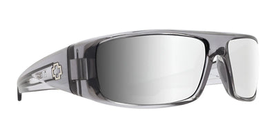 The SPY LOGAN Sunglasses (Size 61) feature gray mirrored wraparound lenses, thick Grilamid® frames, Trident™ polarization, and a cross logo on the temple.