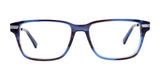 The Takumi TK1031 Eyeglasses, offered by Takumi, boast a sophisticated blue and black rectangular frame with clear lenses on a crisp white backdrop. Ideal for adaptability, these eyeglasses can be seamlessly paired with clip-on sunglasses to elevate style and provide additional protection.