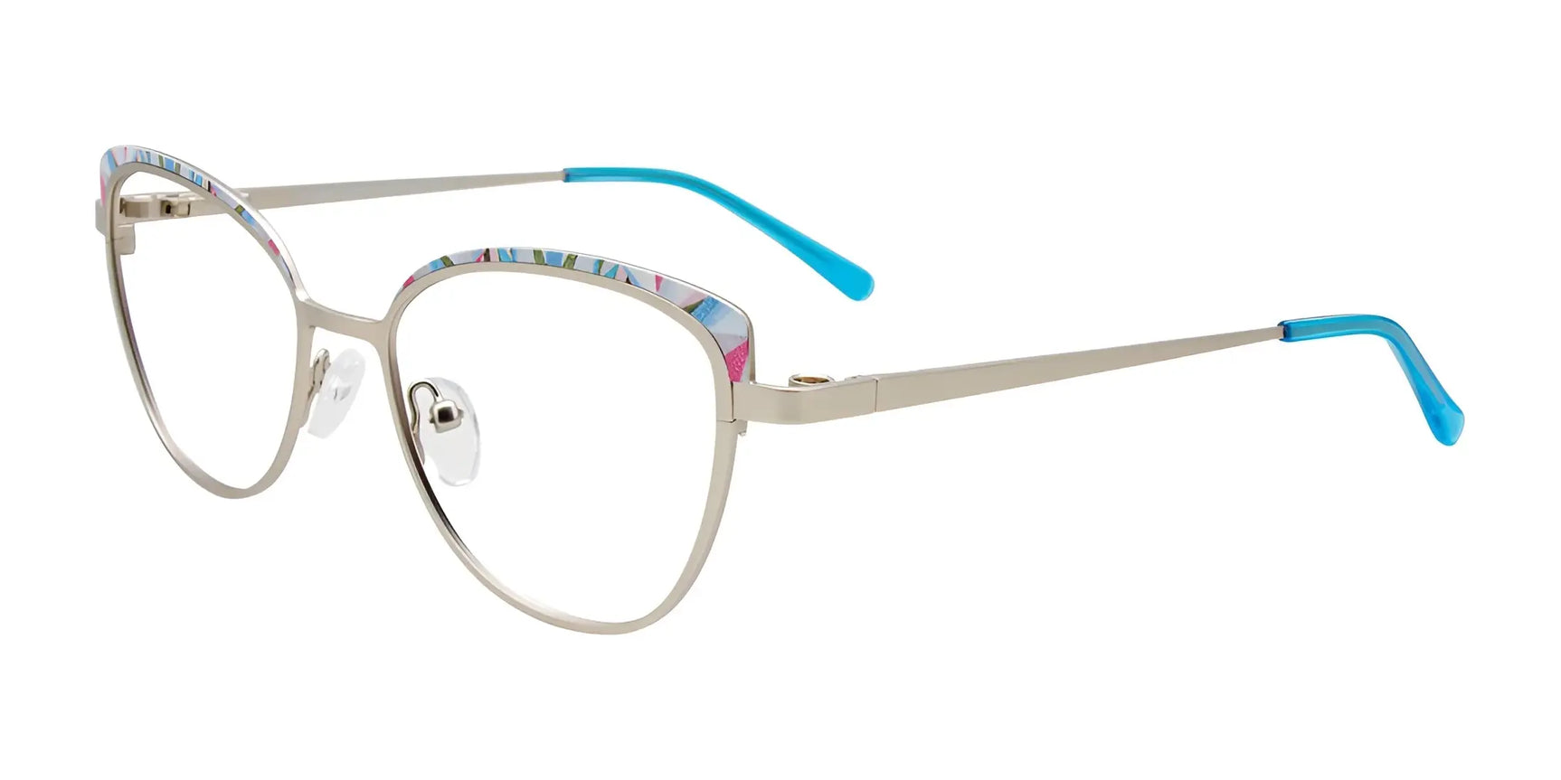 Takumi TK1278 Eyeglasses with Clip-on Sunglasses Silver & Blue Pink Mix Patterned Browline