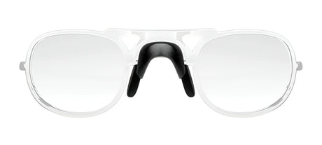 Front view of Tifosi Optics RX Adaptor sunglasses featuring transparent frames, a double bridge, and black nose pads against a white background.