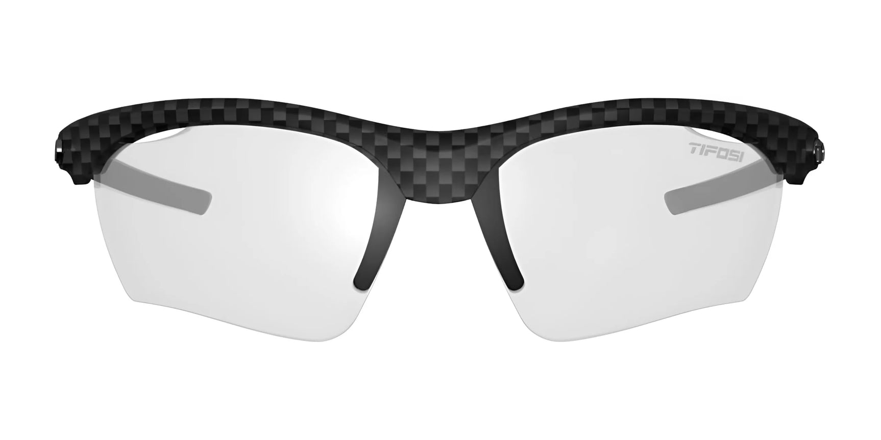 The Tifosi Optics VERO Sunglasses feature a sleek carbon fiber pattern and clear lenses, designed for smaller faces and ideal for multi-sport activities, offering a contemporary look in frontal view.