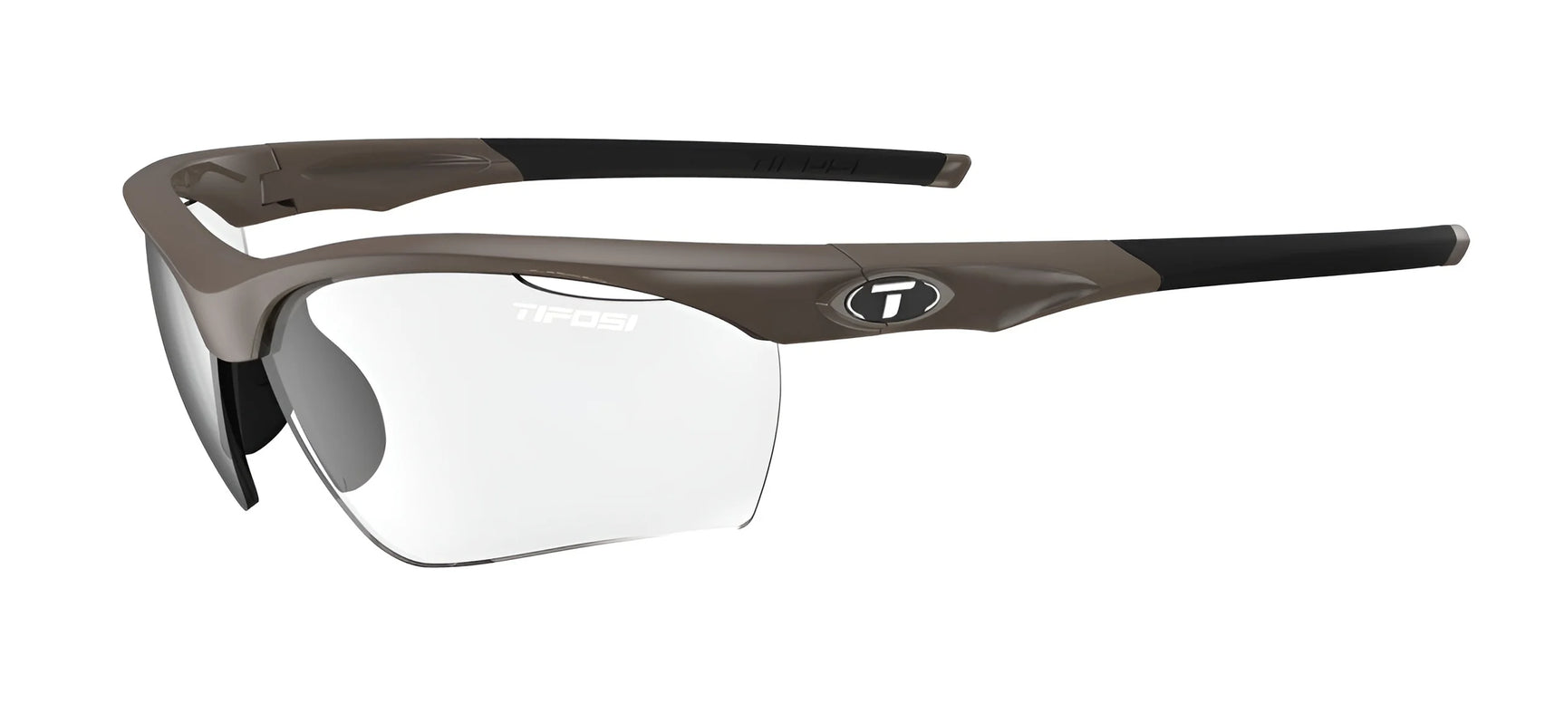 The Tifosi Optics VERO Sunglasses are ideal for multi-sport activities, featuring iron frames and clear lenses designed for smaller faces, with a distinctive logo on the temple sides.