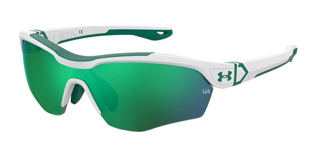 Kids sunglasses with green lenses and sporty frames in a white and green design on a crisp white background, known as the Under Armour YARD PRO JR Sunglasses from Under Armour.