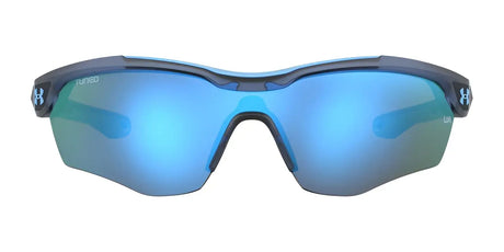 Front view of the stylish Under Armour YARD PRO JR sunglasses featuring mirrored lenses and dark frames, perfect for dynamic activities. Ideal for those who desire the style and performance of Under Armour sunglasses in an active lifestyle.