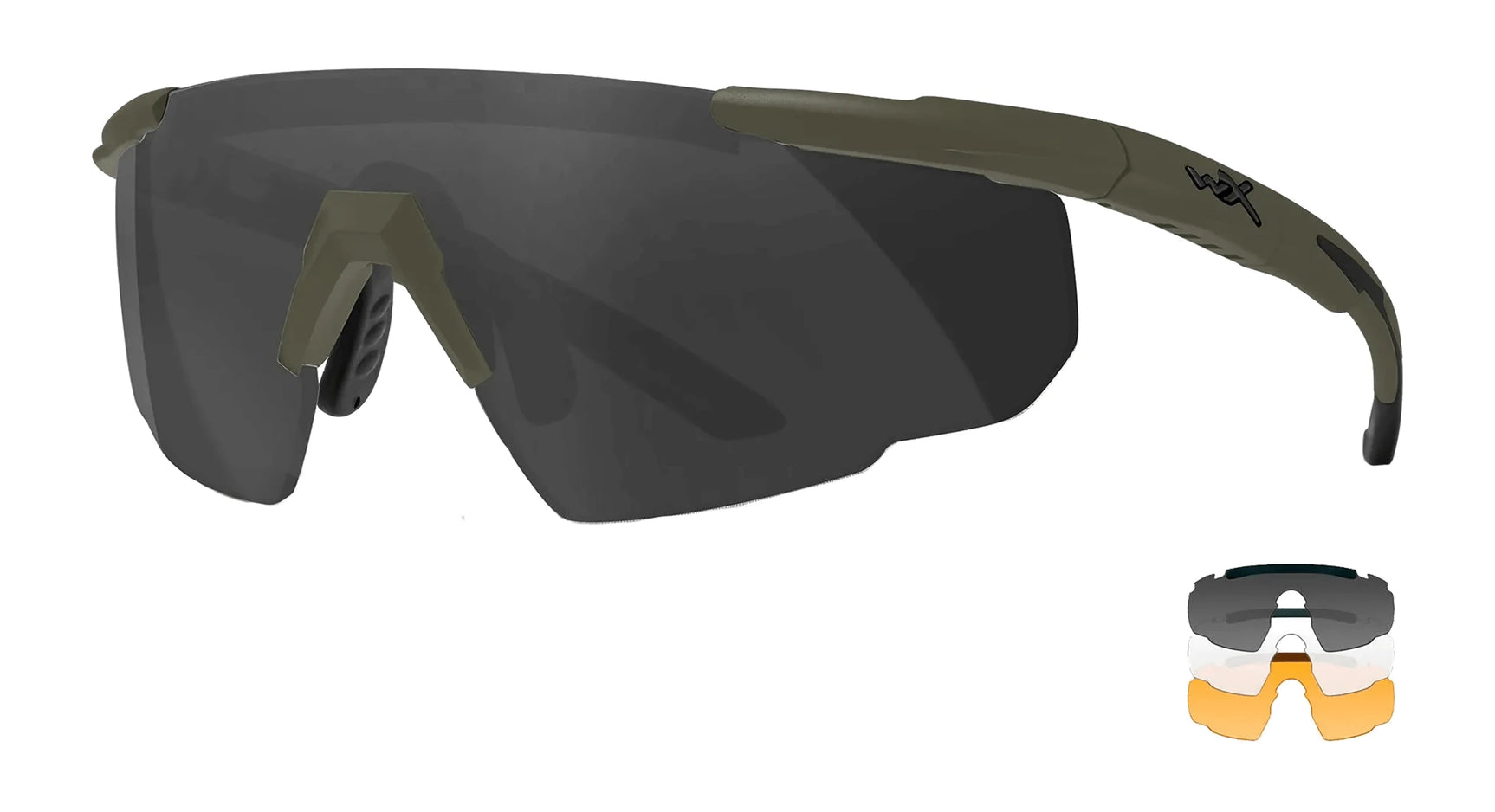Wiley X SABER Safety Glasses Matte OD Green / Smoke Grey / Clear / Light Rust Shields