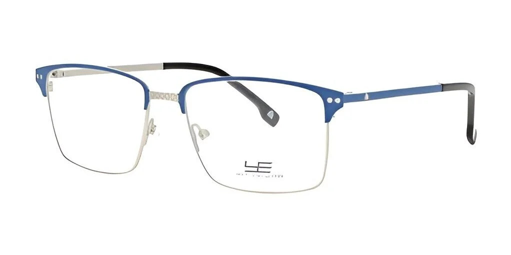 The Yeti BLINK Eyeglasses, available in size 55, feature a stylish thin blue and silver half-rim metal frame with adjustable nose pads for enhanced comfort.