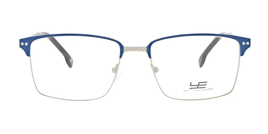 The Yeti BLINK Eyeglasses by Yeti, sized at 55, showcase blue rimless frames paired with slender metal arms and clear lenses, making them a perfect accessory for any style.