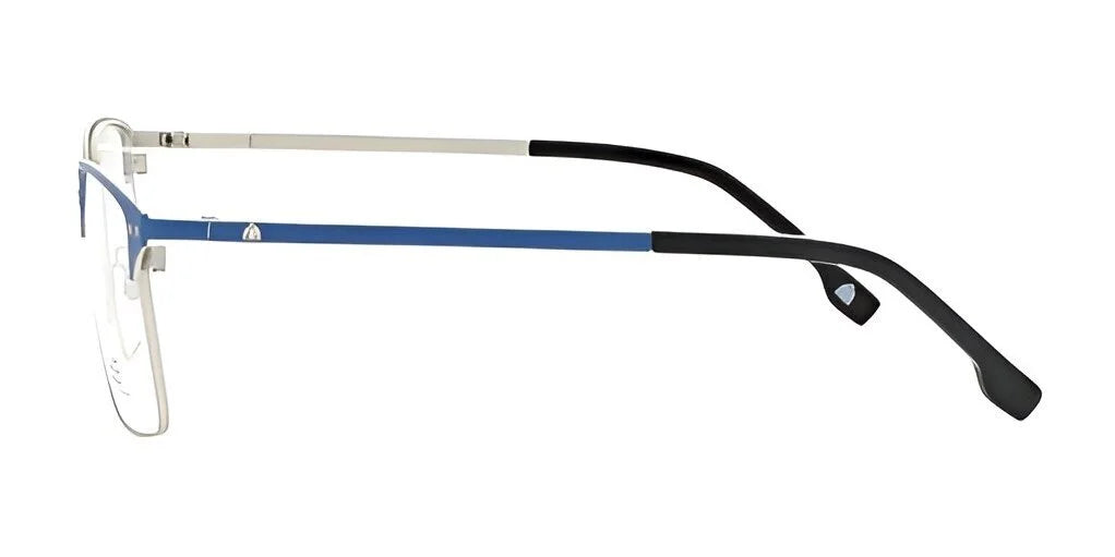 Side view of Yeti BLINK Eyeglasses, Size 55, showcasing a sleek metal frame with thin blue and black temples and adjustable nose pads.