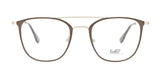 The Yeti CRYOLOGY Eyeglasses in size 50 feature a brown rectangular design with a thin metal frame and transparent lenses, meticulously crafted using premium glasses technology.