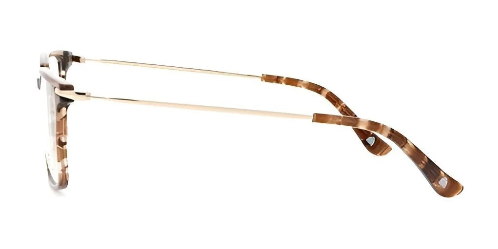 Side view of the Yeti DRIFT Eyeglasses in Size 54, showcasing gold-framed lenses and brown tortoiseshell-patterned temple tips, renowned for their unmatched durability.