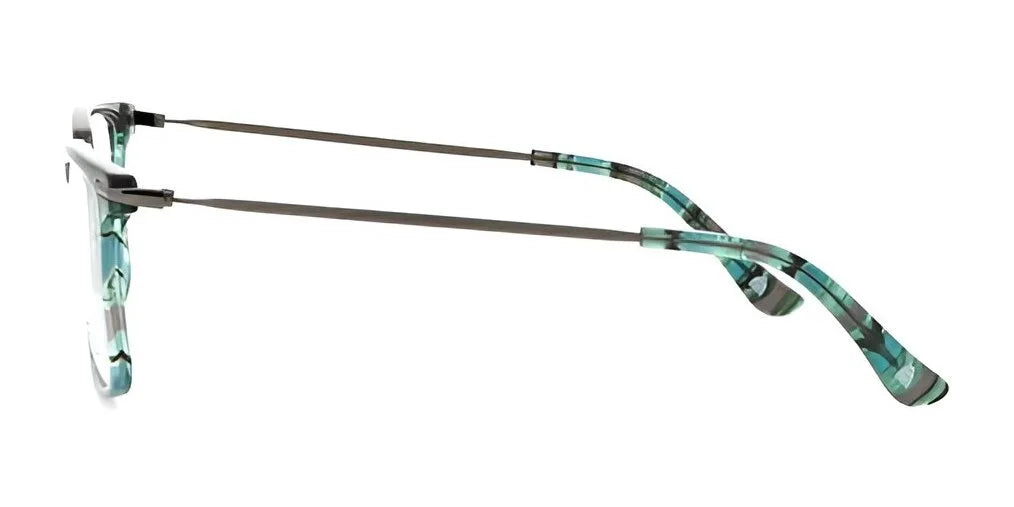 A side view of the Yeti DRIFT Eyeglasses, Size 54, highlights their transparent teal frames and sleek metal arms, crafted by Yeti for optimal visual clarity.