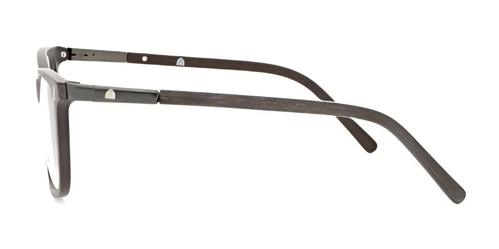 A side view of the Yeti FOSSILIZED Eyeglasses in Size 57, featuring dark frames with sleek rectangular lenses and straight arms, highlights their distinctive fossilized design.