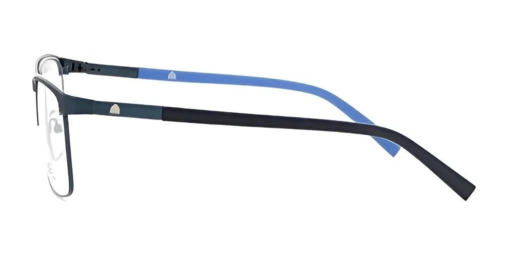 A pair of Yeti SNOWMAN Eyeglasses in black and blue, featuring a minimalist design with sleek, thin frames, radiate a stylish allure as they are gracefully showcased from the side.