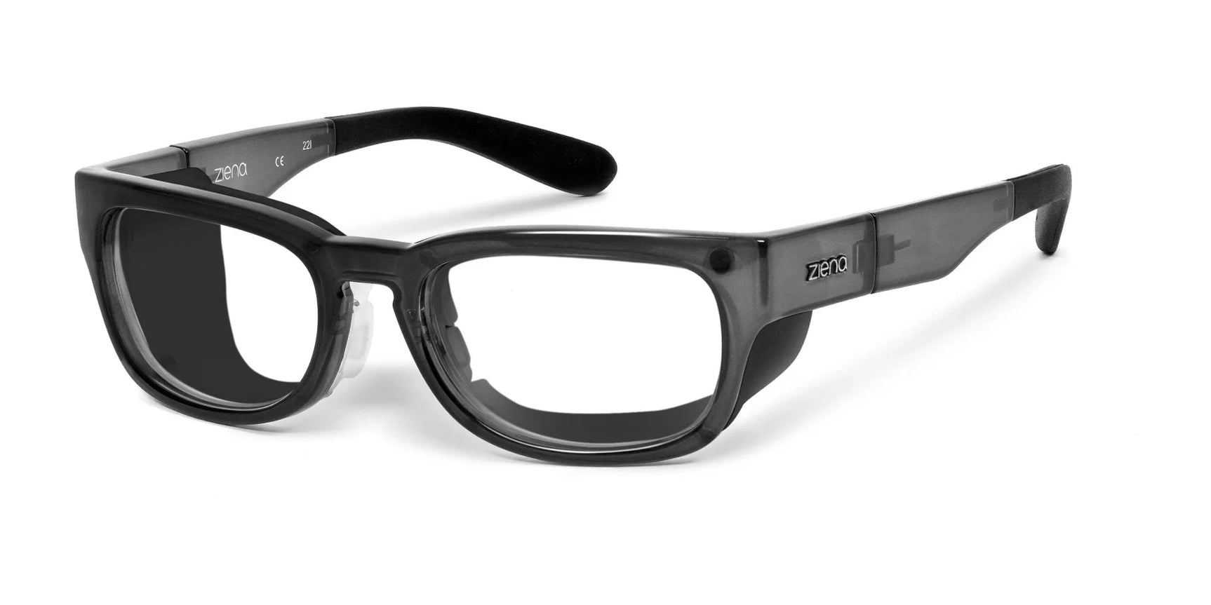Ziena Kai Sunglasses in black, size 52, feature clear polarized lenses for UV protection and a sleek logo on the side.