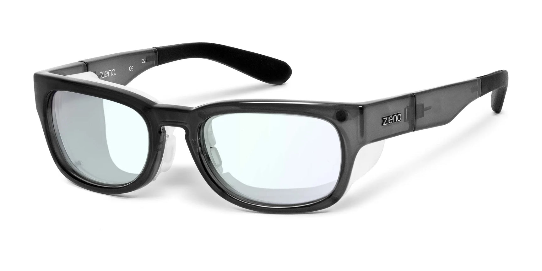 Ziena Kai Sunglasses, Size 52, feature gray rectangular frames with the word "ZERO" on the arms. Their thick frames provide UV protection and polarized lenses make them perfect for sunny days.