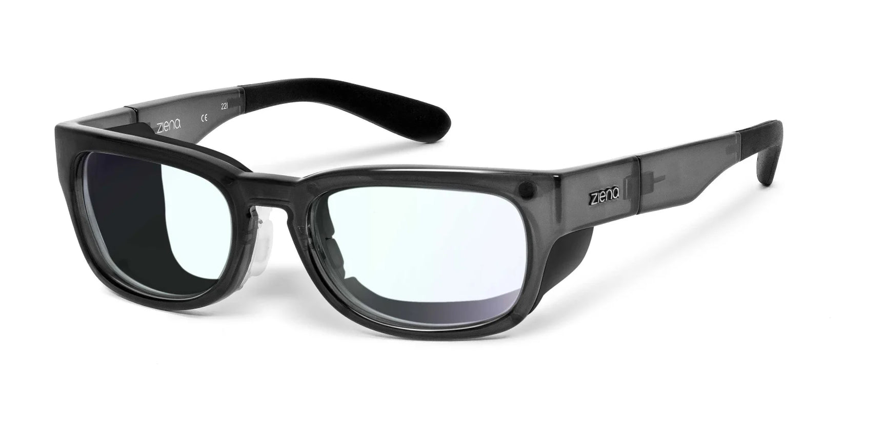 Black rectangular Ziena Kai Sunglasses (Size 52) with a sleek logo on the temples and polarized reflective lenses providing full UV protection, showcased against a white background.