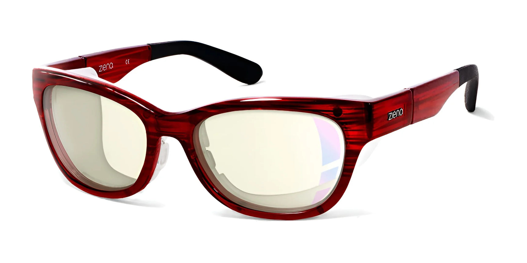 The Ziena Marina Sunglasses | Size 56 feature red frames, clear lenses, and black temple tips. Designed with an angled view and UV-blocking lenses, they offer a stylish and functional accessory for any occasion.