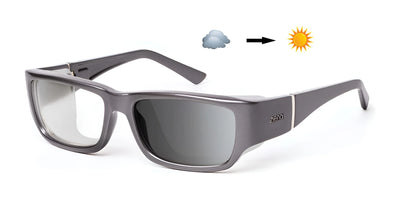 The Ziena Nereus Sunglasses in Gray, featuring optical clarity lenses, are displayed beside a weather icon changing from cloudy to sunny, highlighting their photoreactive lens transition that offers UVA and UVB protection.