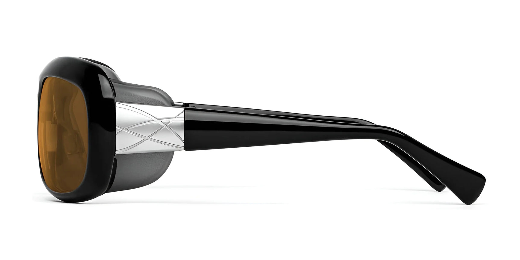 Side view of Ziena Oasis Sunglasses (Size 61) in black, with brown lenses offering UV protection and optical clarity, featuring a silver crisscross pattern on the arms.